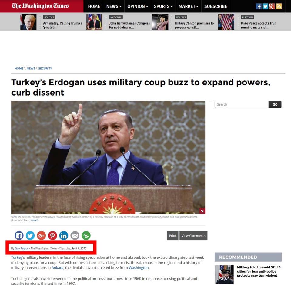 Photo of EXCLUSIVE: Washington Times Reveals Coup Theater in Turkey Three Months Before It Took Place: “Turkey’s Erdogan uses military coup buzz to expand powers, curb dissent”